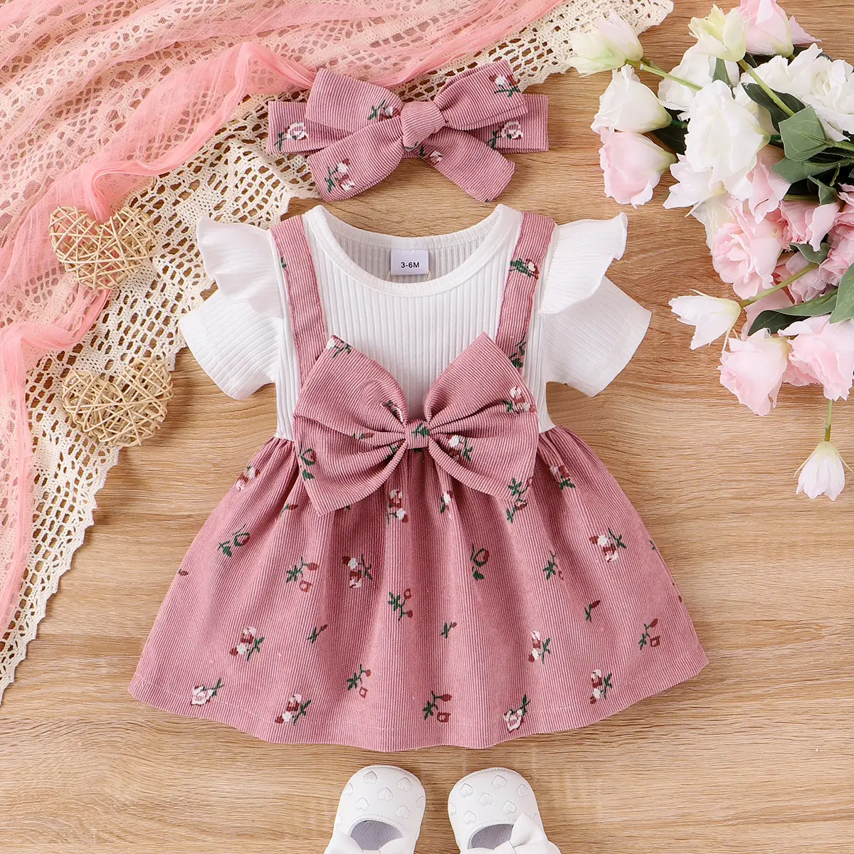 PatPat Baby Girls Sweet Dress with Flutter Sleeve and Broken Flower Pattern