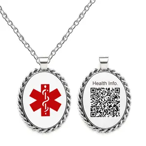 Exclusive Editable QR Code Medical Alert Necklace – Stainless Steel Oval Medical ID Pendant with Unique Dynamic Health Information Update for Emergency