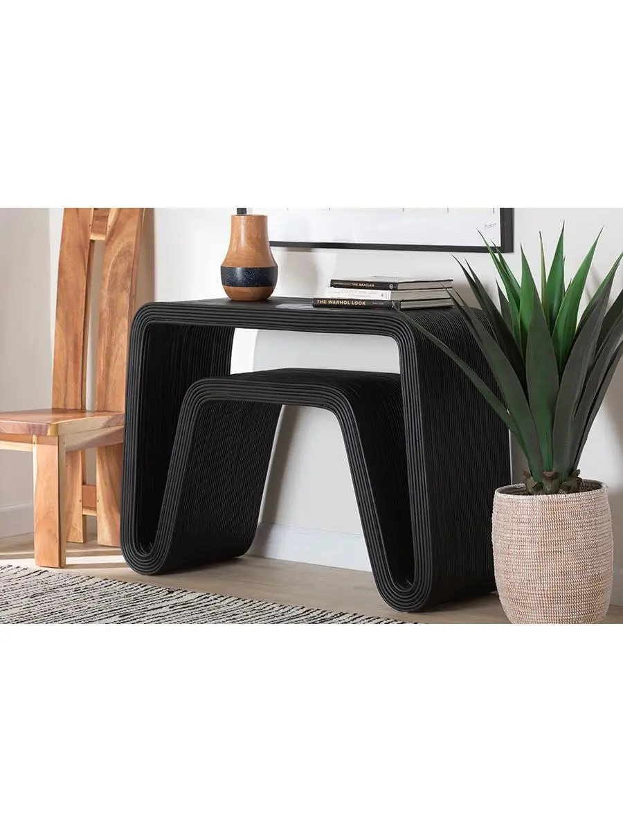 212 MAIN Black Rattan Modern Accent Console Table, 33.10x44.10x16.10 in, Rectangular Tabletop, Waterfall Silhouette Tabletop Design, Open Hairpin Legs, Abebi Collection