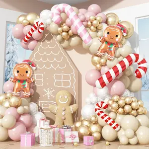 138Pcs Pastel Pink Beige Christmas Balloon Arch Kit, Dusty Baby Pink Pearl Ivory White Cream Metallic Gold Balloon Arch Set With Candy Cane Gingerbread Foil Balloos For New Year Xmas Party Decorations