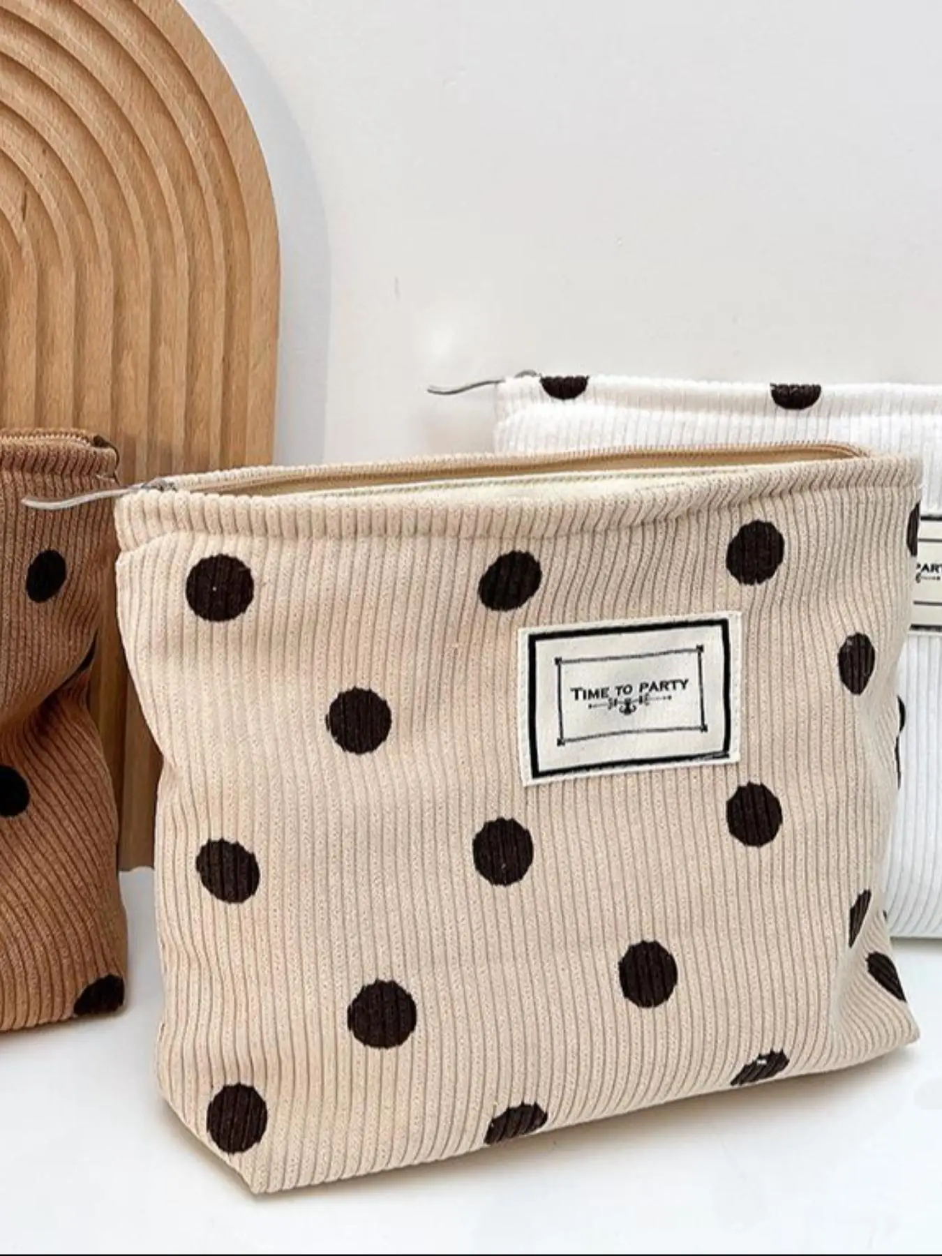 Cute Corduroy Polka Dot Pattern Makeup Bag, Portable Cosmetic Storage Bag for Travel, Zipper Makeup Organizer Pouch for Women & Men