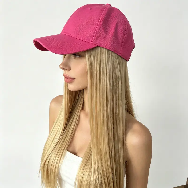 Women's Glueless Wear Hair Wig - Blonde Synthetic Full Machine Wig with 2-in-1 Pink Sports Cap, Silky Straight Heat-Resistant Long Hair, Adjustable Strap, Ideal for Casual Outings, Beach Trips
