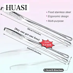 HUASI Stainless Steel Grill Tongs, Food Tongs [Buy One Get One Free Two-Pack, Buy 11 Inch Get 9.4 Inch Free]. Chef Cooking Tongs for Serving Food, Steaks, Salads, Portable Tools, Essential Kitchen Utensils for Home Indoor and Outdoor Camping and Picnics