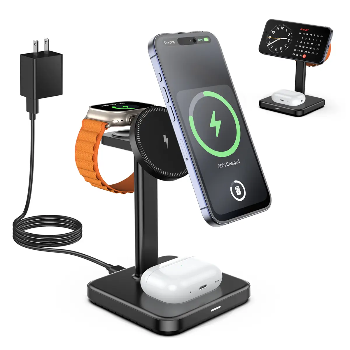 3 in 1 Wireless Charger Stand with MagSafe, 15W Fast Magnetic Wireless Charging Station for Apple Devices, Compatible with iPhone 15/14/13/12 Series,