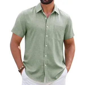 Mens Linen Shirt Short Sleeve Wrinkle Free Casual Untucked Button Down Shirts Beach Breathable Tops Summer
