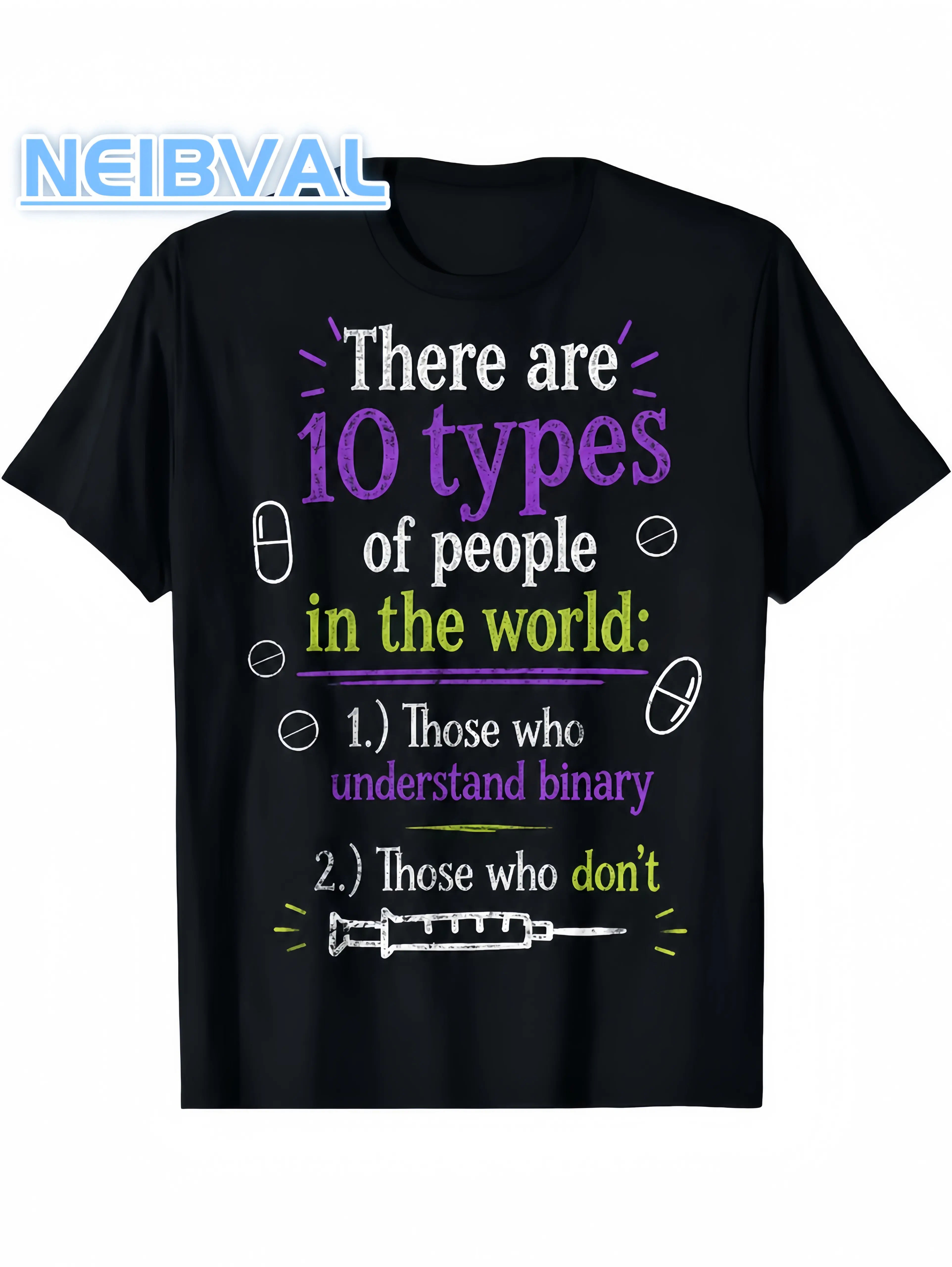 Unisex Crew Neck Graphic Tee, Vintage Washed Oversized Top, Binary Code Medical Joke Text Syringe Pill Print, Loose Summer Streetwear Urban Office Outfit, Nerdy Geek Humor Y2K Couple Tops