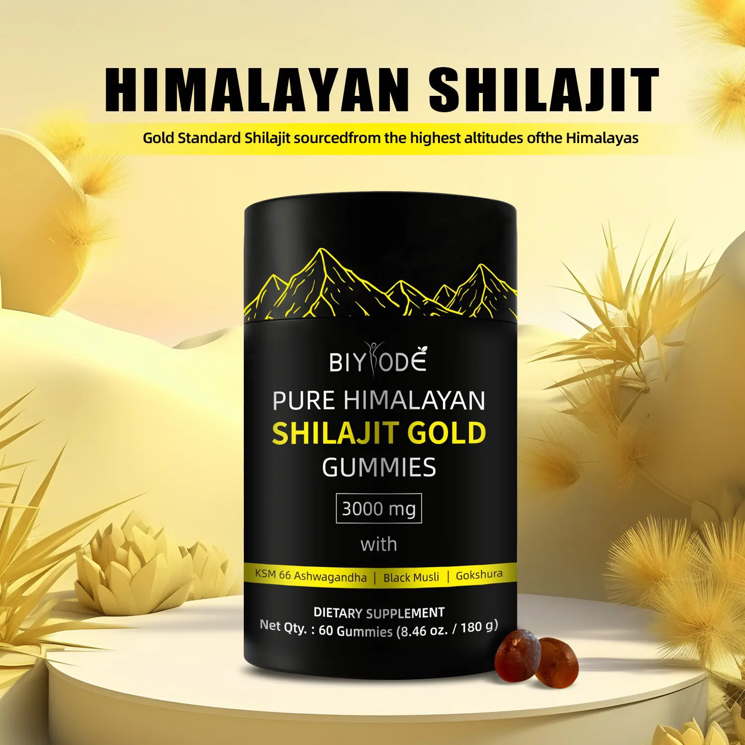 Biyode Pure Himalayan Shilajit Gummies l With Ashwagandha, Gokshura and other herbs l No added sugar | 60 Gummies, Strength and Cognitive Support Edible Dietary Supplement