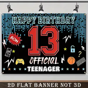 2D Flat Banner,1pc Party Banner, Official Teenager Happy 13th Birthday Backdrop Banner for Basketball Gamepad Gaming Theme Decoration, Perfect for Holiday Parties, Home Decor & Studio Props Holiday Decorations 90.5x70.8in Party Decoration Supplies