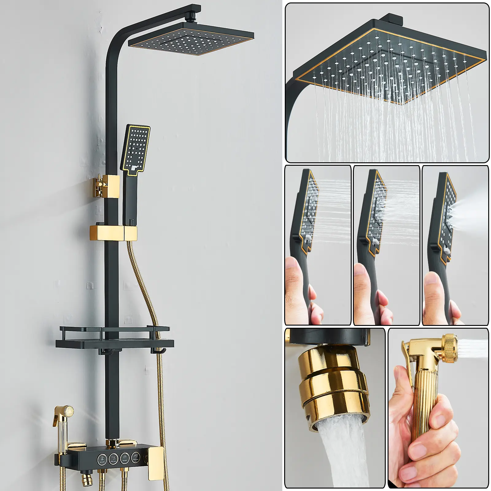 Outdoor Shower Fixtures Rain Shower Kit Faucet High Pressure Wall Mount 4 Function Exposed Shower System 8 Inch Showerhead and Handheld Spray Combo,  Matte Black Gold