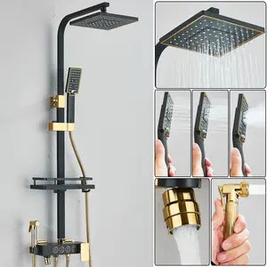 Outdoor Shower Fixtures Rain Shower Kit Faucet High Pressure Wall Mount 4 Function Exposed Shower System 8 Inch Showerhead and Handheld Spray Combo,  Matte Black Gold