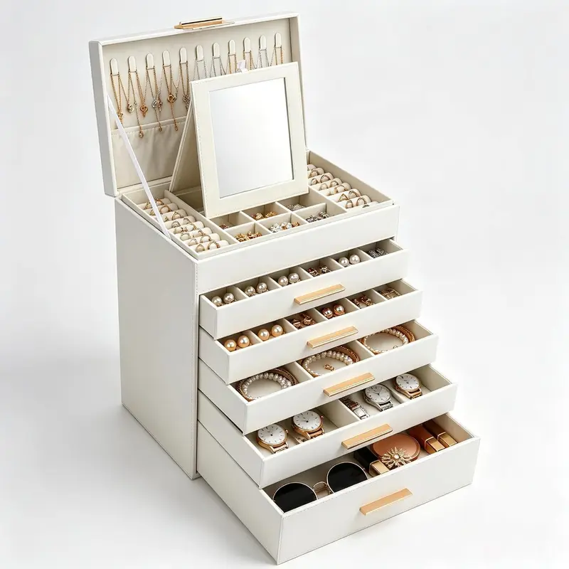 BOOVO Large Jewelry Box Organizer for Women - 6-Layer Box-Style Organizer with Built-In Compartments, 1st Drawer, Mirror for Jewelry Organization, Chic Storage for Necklaces, Earrings, Bracelets (White)