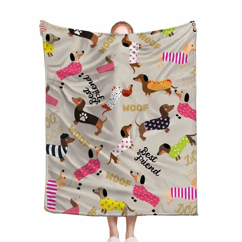 1pcs Dopamine Dachshund Pattern Flannel Blanket, Soft, Comfortable, Vibrant Multiple Dachshund Print, Perfect Home Decoration for Living Room, Bedroom or Outdoor Patio, Gift Blanket for Son, Daughter, Family, Friends