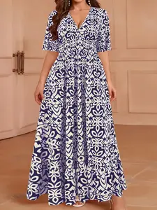 Plus Size Vintage Totem Print Dress, Half Sleeve Design, Curvy Slimming Vacation Dress