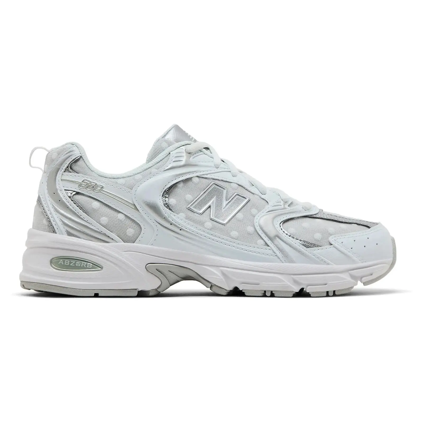 NEW BALANCE 530 Unisex Cute Chunky Ankle Cloth Athletic Running Trainers with White Silver Metallic Polka Dots, Low Top, Breathable, Lace-Up, Shoes, 100% Authenticity Guaranteed, All Seasons, Casual Wear, Rubber, No, Us W 10, Preppy