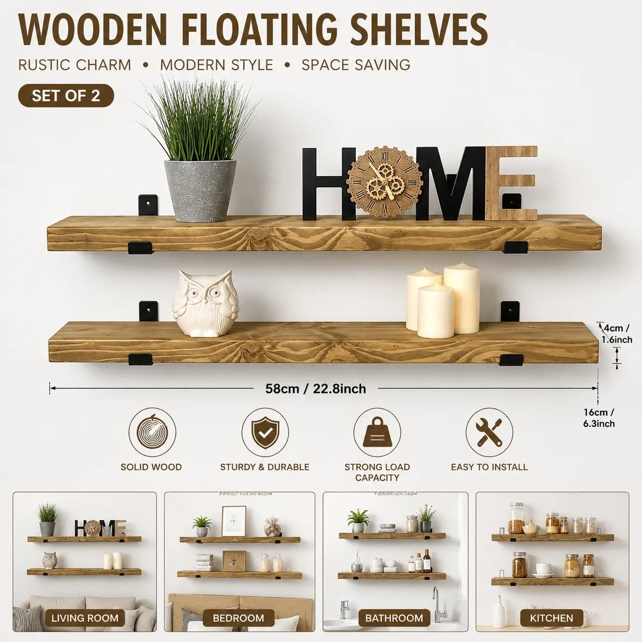 loating Wall Shelves Set of 2, Wall Mounted Display Shelves for Bathroom, Bedroom, Living Room & Kitchen, Available in Natural Wood & White