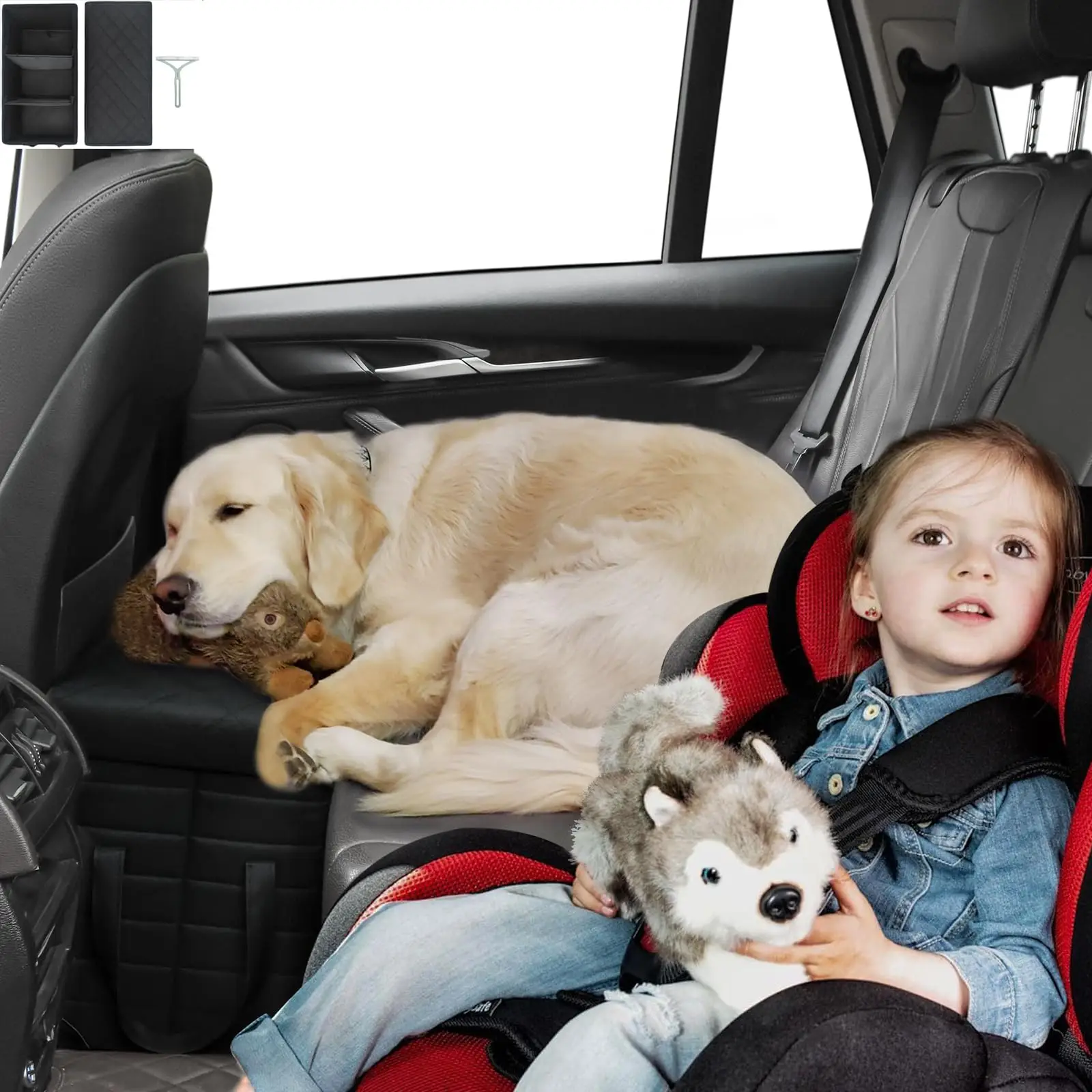 Car Back Seat Extender for Large Dogs up to 200lbs,Dog Car Back & Front Seat Extender with Storage,Pets Can to Have The Whole Front/Back Seat to Stret