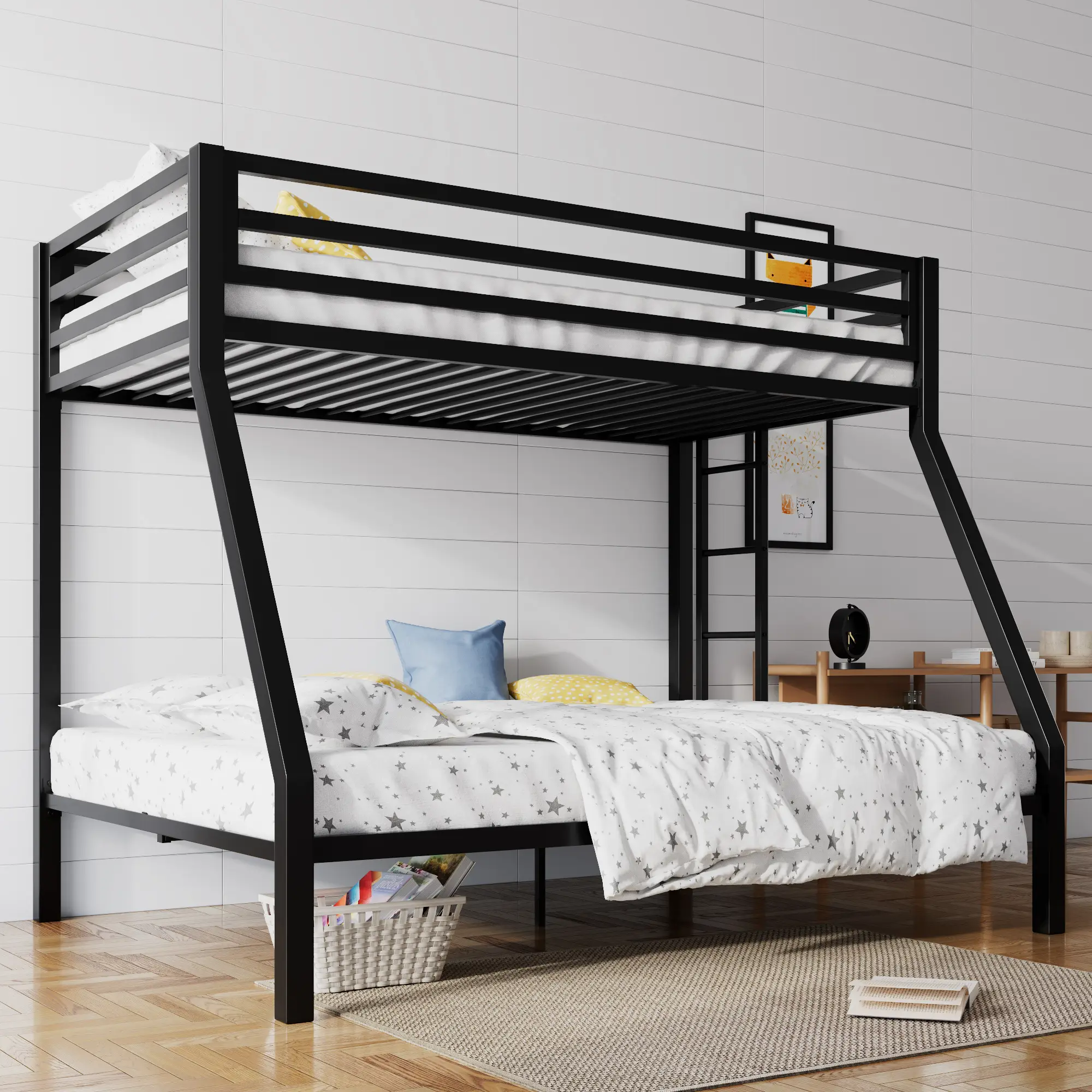 SHA CERLIN Metal Bunk Bed Twin Over Full Size with Removable Stairs【Frame Only No Mattress】Heavy Duty Sturdy Frame with 12" Under-Bed Storage, No Box