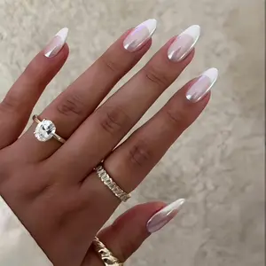 French Tip Press on Nails Medium Almond Fake Nails Press ons with Designs Chrome False Nails Long Glossy Full Cover Glue on Nails Cute Acrylic Stick on Nails for Women Nails Manicure Decoration 24Pcs