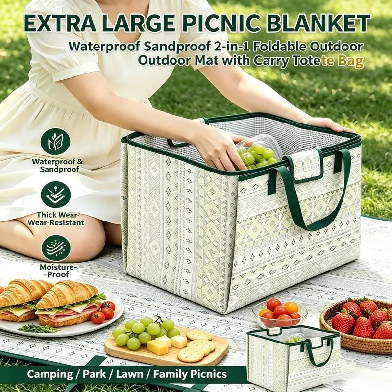 Extra Large Picnic Blanket Waterproof Sandproof, 2-in-1 Foldable Outdoor Picnic Mat with Carry Tote Bag, Thick Wear-Resistant Moisture-Proof Beach Blanket for Camping, Park, Lawn, Family Picnics