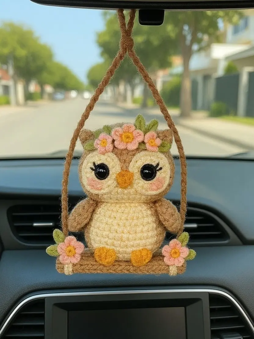 Handmade Crochet Owl Car Hanging Ornament – Cute Owl Rearview Mirror Charm, Boho Car Decor, Amigurumi Gift