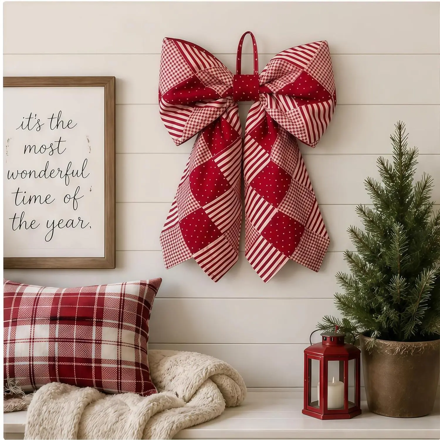 Traditional Lightweight Cotton Quilt Red Patchwork Bow Door Hanger, Farmhouse Rustic Front Door-Wall Decor, Mother's Day Christmas Gift with Gifty Ideas