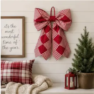 Summer Red Patchwork Bow Door Hanger, Made Cotton Quilt Bow Decor for Front Door, Large Farmhouse Rustic Wall Hanging, Mother's Day and Christmas Holiday Decoration Gift