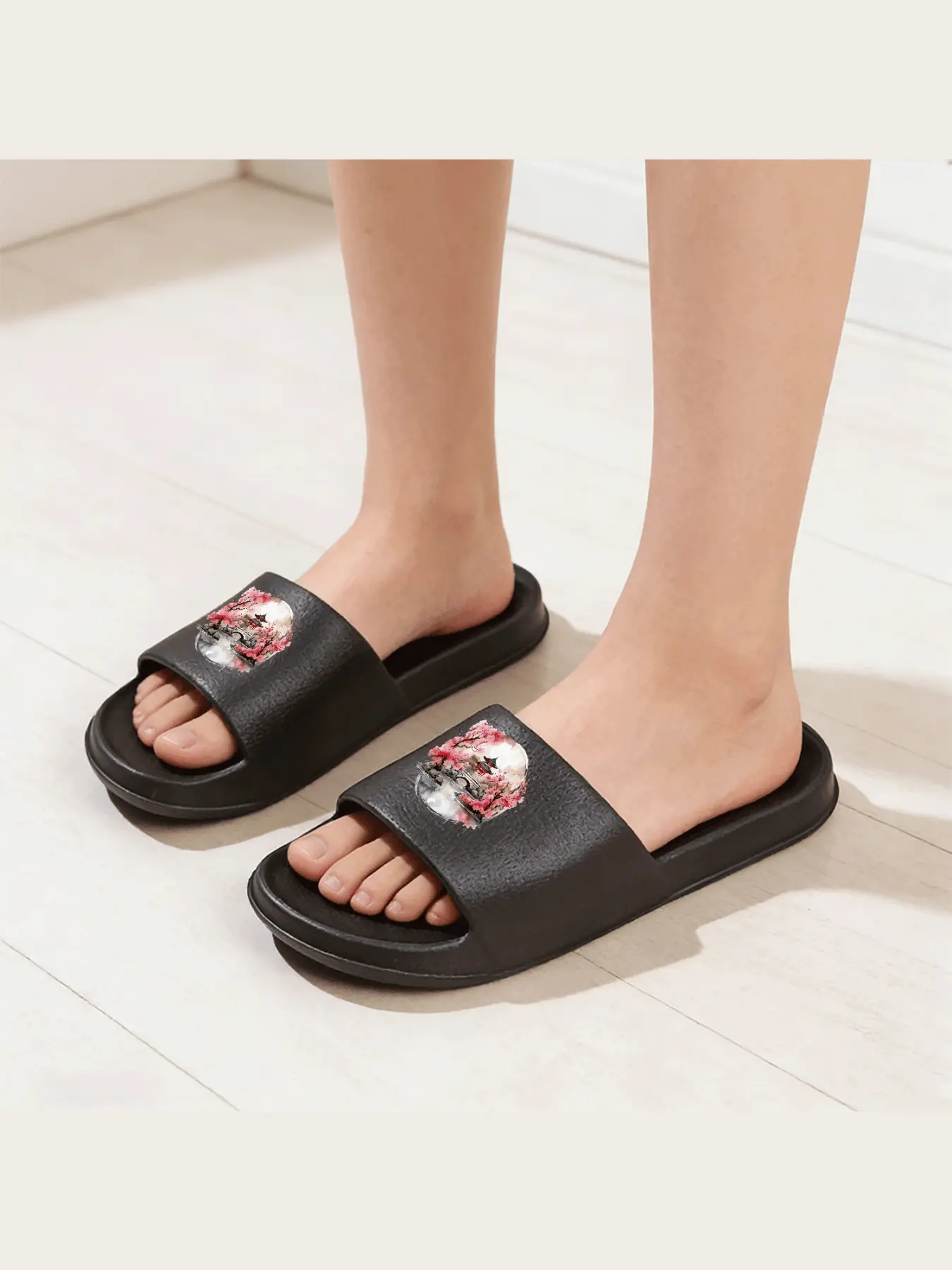 Cherry Blossom Temple Bridge Watercolor Slippers Women's Comfortable Indoor Outdoor Non-slip Summer Sandals Japanese Garden Print Soft Sole House Shoes
