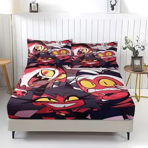 3-Piece Helluva Boss Pattern Fitted Sheet Set, Soft And Durable Bedding Set Includes 1 Flat Sheet And 2 Pillowcases, Everyday Holiday Birthday Gift Bedroom Decor For Kids And Adults