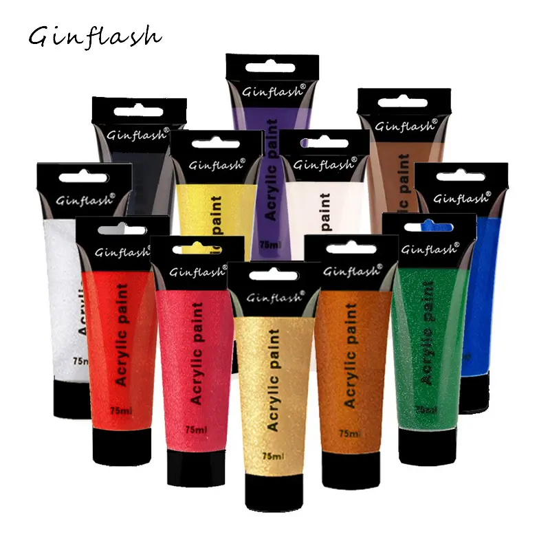 Ginflash 12pcs set 75ml/tube Glitter/Normal Acylic Paints Pigment Art Painting Drawing Diy Wall Painting Graffiti Paint Art Supplies