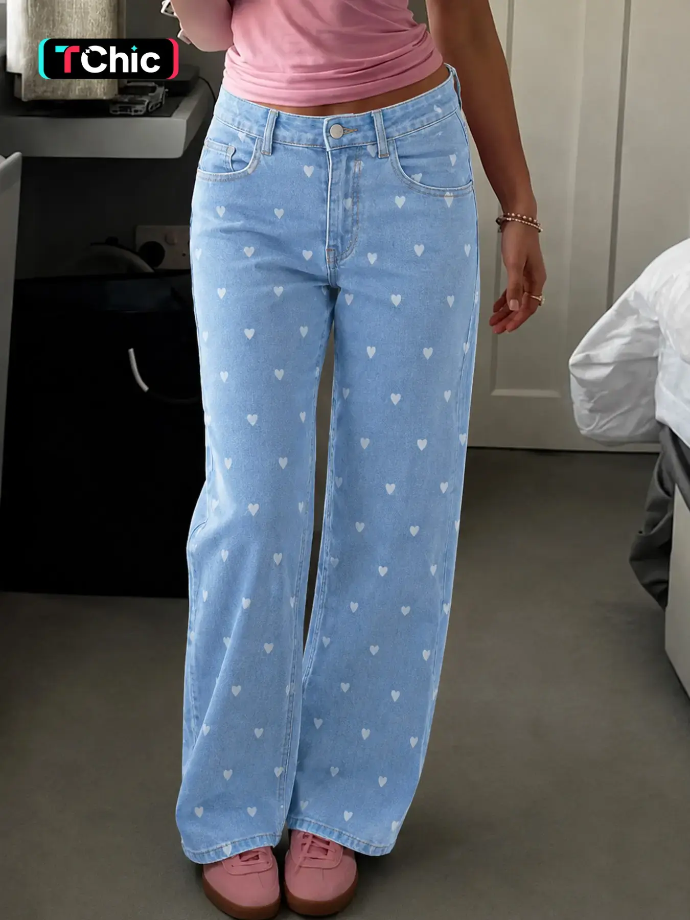 Women's Light Blue Heart Print Wide-Leg Jeans, Casual High Waist Long Pants, Elastic Fabric, All Seasons, Perfect for Parties and Dates