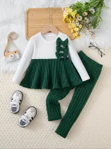 Girls' Long Sleeve Knit Sweater & Pants Set, Soft Waffle Fabric, Cute Bow Design, Perfect for Holidays & School Wear, Clothes Kids, Clothing Sets, Set Outfit