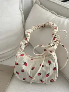 Adorable Strawberry Print Crossbody Bag, Soft Fruit Pattern Shoulder Bag, Multi-Functional Women's Handbag, Ruffled Design, Three Colors Available