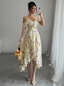 Women's Floral Print Dress, Irregular Design, Casual Fitted Style, Perfect for Vacation and Dates, Ladies Fashion Clothing, Womenswear