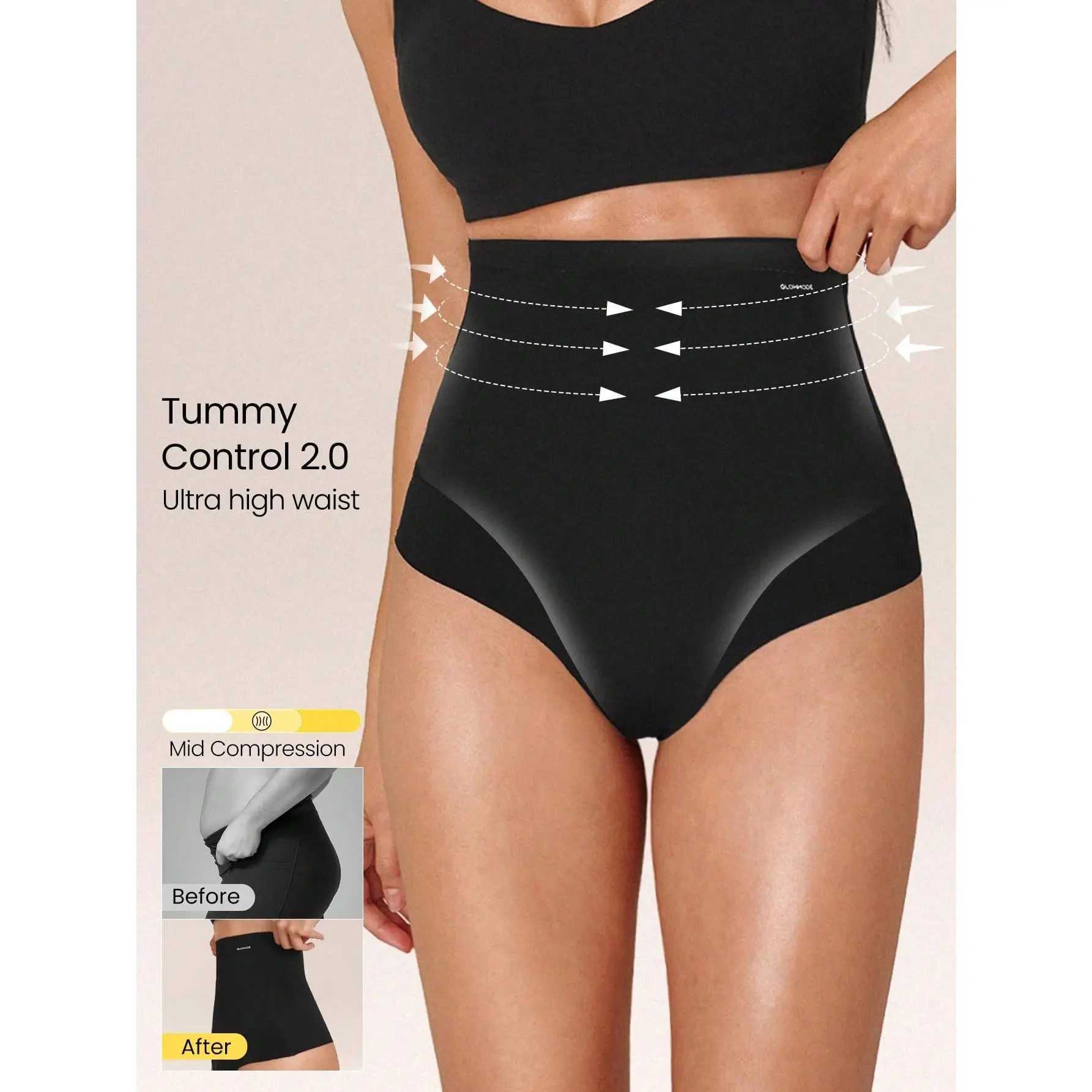 GLOWMODE Tummy Control Core Support Sweat-Wicking Ultra High-Waist Butt-Lifting Shapewear Thong Daily Casual Wear