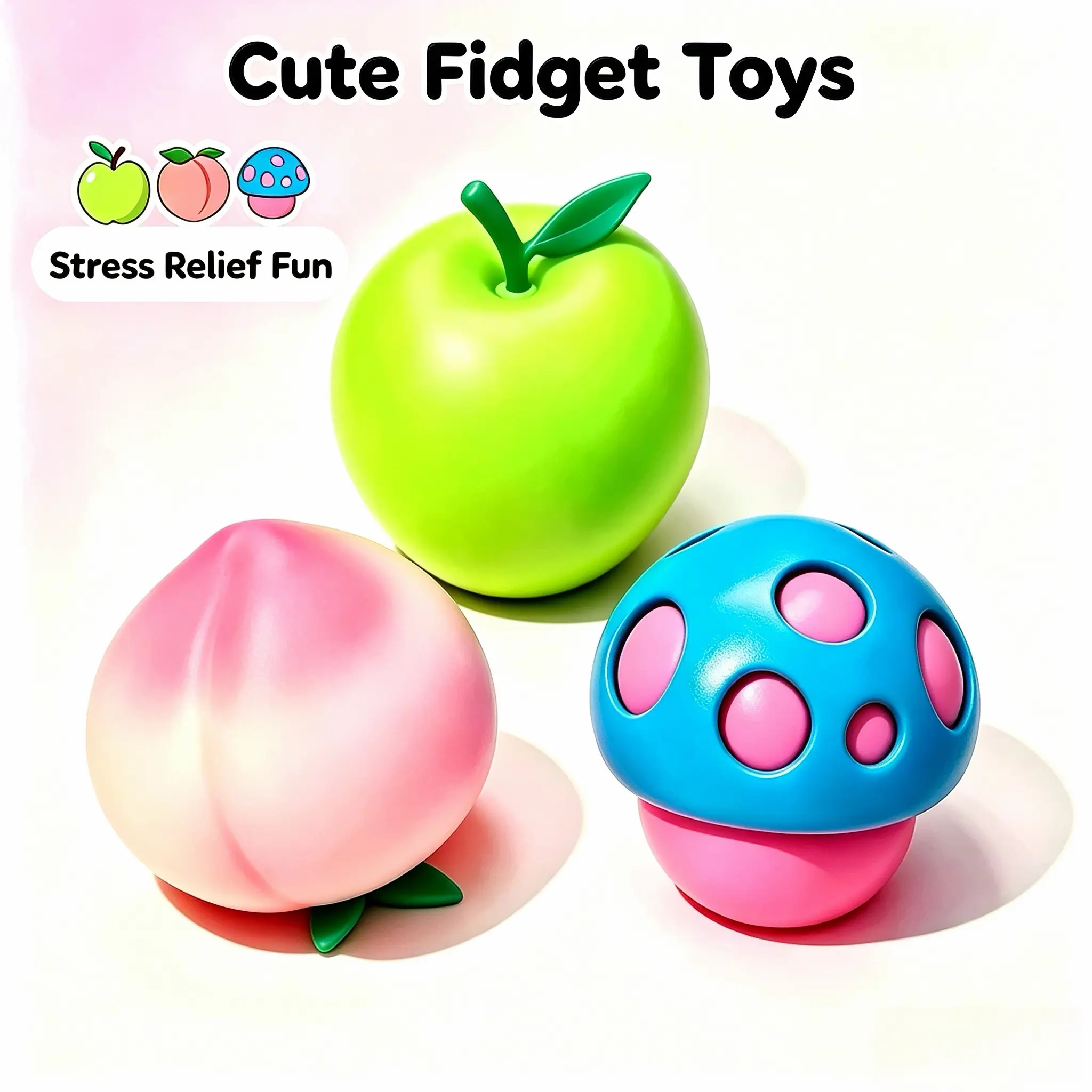 Realistic Apple Peach Mushroom Squishy, Super Soft Stress Relief Toy, Holiday Gift for Adults and Kids