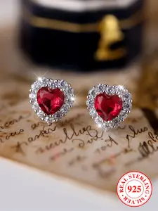 925 Sterling Silver Fashion Heart Shaped Rhinestone Decorated Earrings, High Quality Earrings, Elegant Jewelry for Women, Trendy All-match & Exquisite Jewelry for Birthday Gift