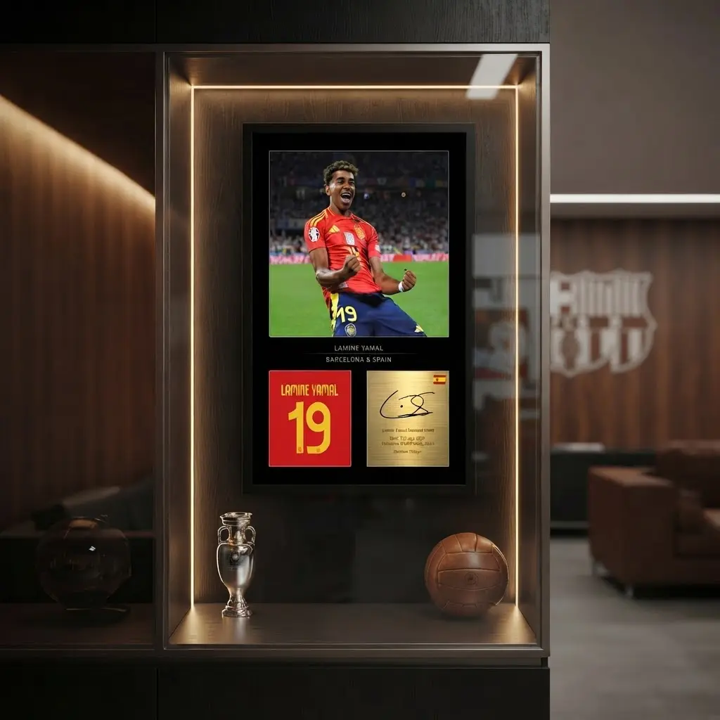 Framed Lamine Yamal Spain #19 Collage Poster, Euro Champion Celebration Picture Jersey Print Autograph Metal Plaque Sports Wall Decor For Teen Bedroom Man Cave