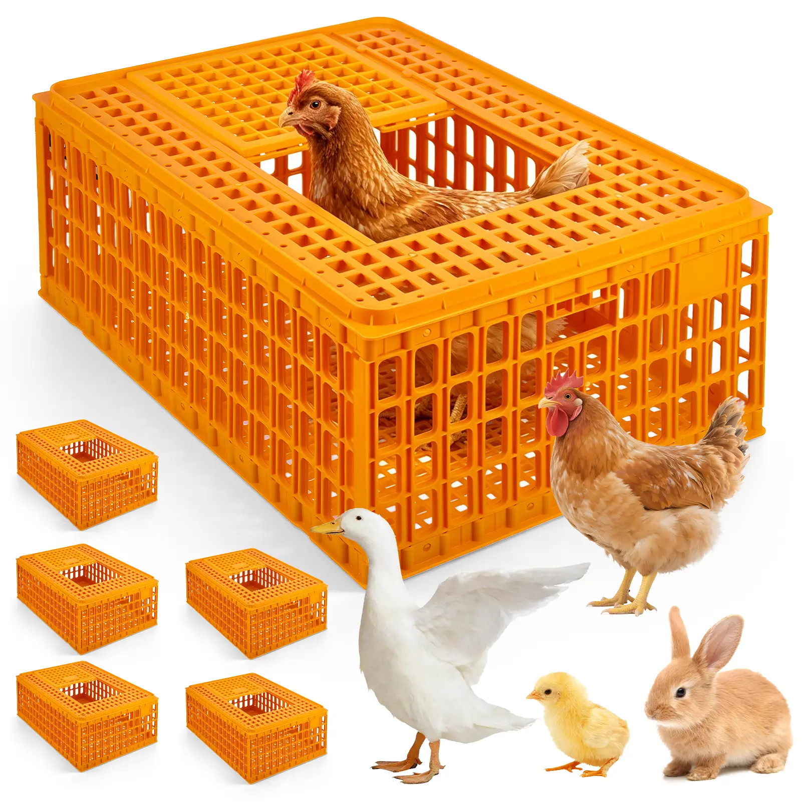 	4 Pcs Poultry Carrier Crates, 29 x 21.3 x 13 Inch Plastic Ventilated Chicken Transport Cage Box, Portable Livestock Travel Crate for 10-13 Adult Chickens Ducks Geese Poultry Birds