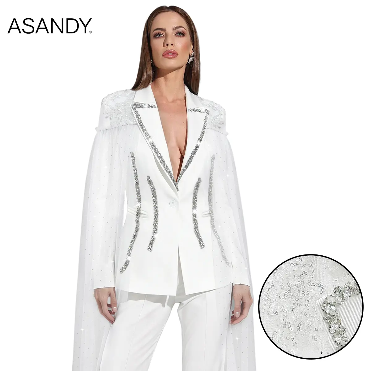 ASANDY Women's Oversized Crystal-Embellished Collared Long-Sleeve Blazer - Elegant Suit Vest, Chic Glamorous Women's Suit, Luxury White Loose Formal Party & Wedding Guest Outfit Jacket, Elegant Suit Vests, Chic Women's Suits