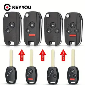 KEYYOU Modified Flip Car Key Shell Case with Rubber Pad for Honda Accord Civic CRV Pilot, 2/3/4 Buttons Remote Fob Cover Replacement, Plastic Material Detailing Automotive