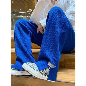 Men's Casual Minimalist Letter Print Sweatpants, Casual Loose Fit, Split Hem Design, Textured Jacquard Fabric, Drawstring Waist Comfort Fit