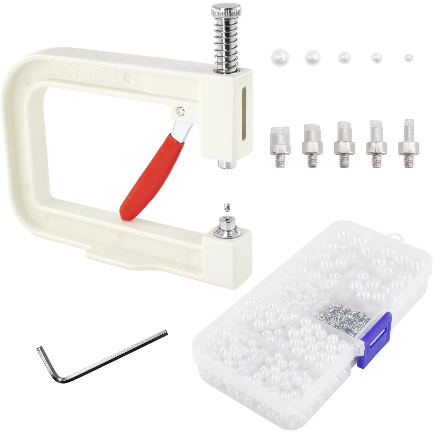 Setting Machine with White  Beads Rivet Studs and Tools Hand Press Machine for Decorating Clothes, Dresses, Bag, Hair Band DIY Crafts
