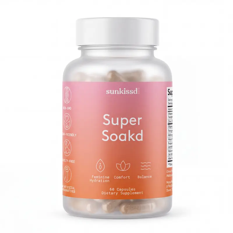 Super Soakd Vaginal Moisture & Wetness Support Clean Dietary Capsules - pH Balance, Mood Support, 800mg Slippery Elm, Probiotics, Hyaluronic Acid, Aloe Vera, Zinc, Vitamin, Daily Hormone-Free 30-Day Supply (60 Capsules)