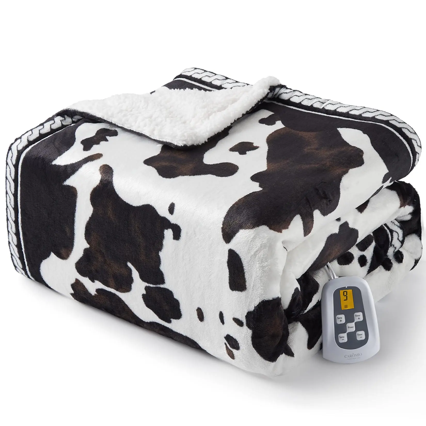 GARVEE 62" x 84" Heated Electric Blanket Twin Size,Cow Print Fast Heating Throw Blankets with LCD Controller,10 Heat Levels & 1-12H Time Settings Auto Off,Brown Black