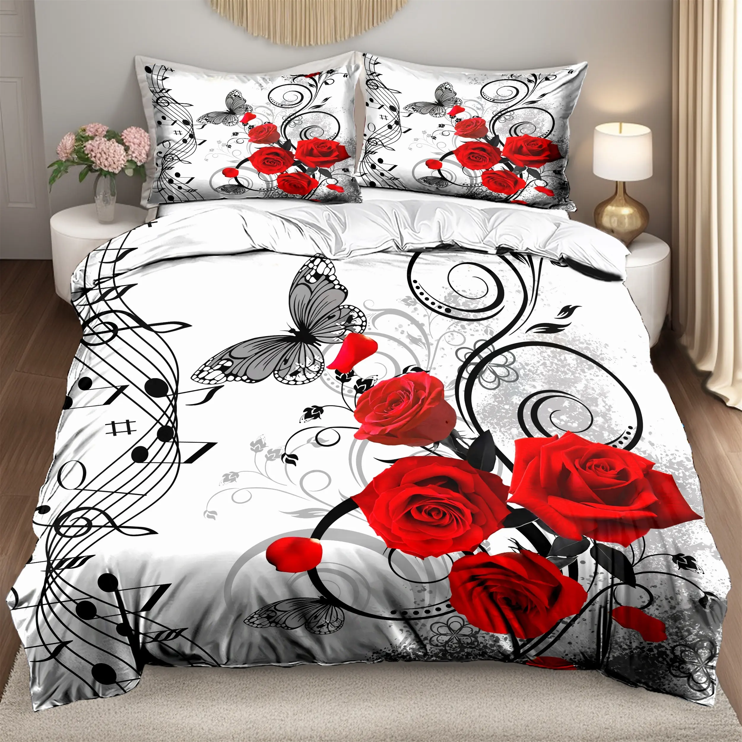 Floral Print Bedspread Set with Butterfly, Music Note, Flower Motif - 100% Synthetic Polyester, Breathable, All-Seasons Comfort, Machine Washable - Home Bedroom Room Decor Bedding - Includes 1 Bedspread, 1/2 Pillowcases (Core Not Included)