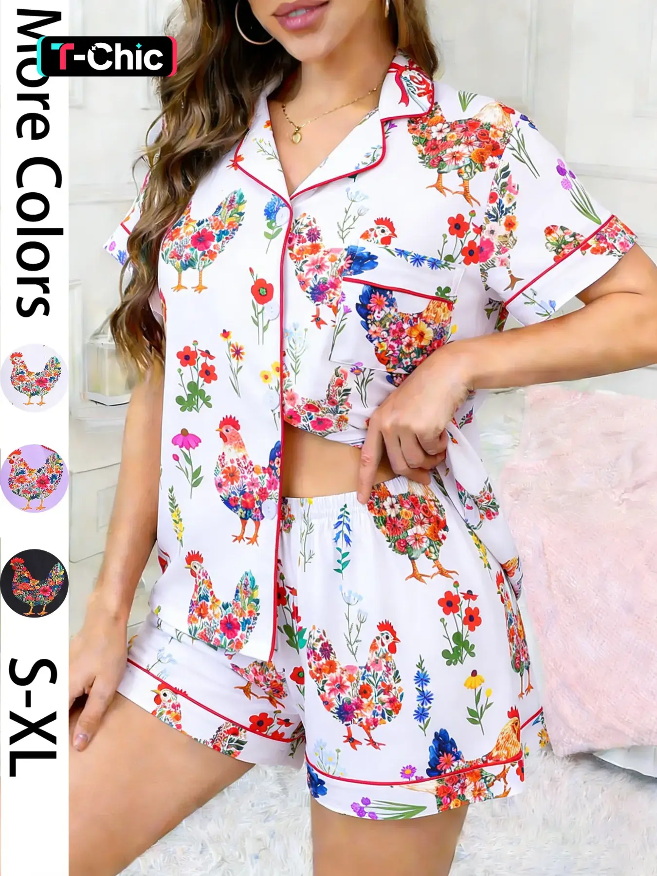 2-piece women's spring and summer outfit with colorful Floral chicken print pattern, short sleeved shorts with soft and comfortable top, small pocket elastic waistband, casual home women's sleepwear set, Pajamas
