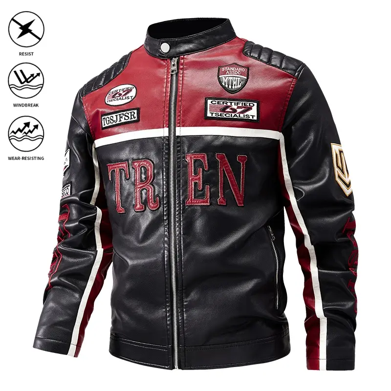 Men’s stand collar color-block biker leather jacket, single piece, for spring/autumn everyday outings; casual outerwear featuring contrast striped piping, patch appliqué badges, and embroidered letter decorations; patchwork leather jacket.
