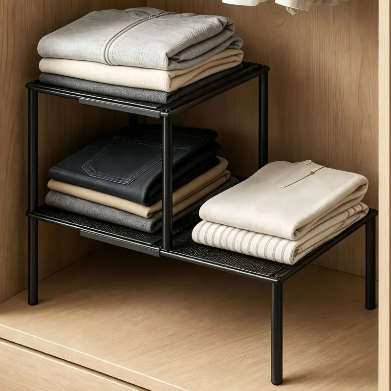 Expandable Closet Shelf Organizer, Stackable Metal Wardrobe Storage Rack, Adjustable Closet Shelf Divider for Folded Clothes, Space‑Saver Cabinet Shelf for Bedroom Closet, Dormitory