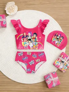 Kpop Hunter Girl Cute Cartoon Print Swimwear Sets, 3-Piece Swimwear for Girls, Spring Summer Fashion, Birthday Gift Essential, Swimsuits Swim