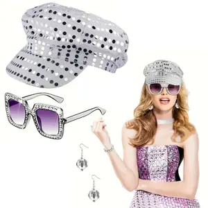 3PCS Retro Disco Accessories, 70s Disco Costume Accessories Set with Sequin Hat Silver Earrings Sunglasses Disco Fancy Dress Kit for Women